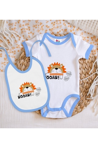 Bk Kids Roar Tasarımlı Mavi Bebek Body Zıbın Ve Mama Önlüğü Hediy Çok Renkli