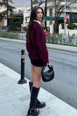 Madmext Bordo Bisiklet Yaka Örme Triko Kazak Mg2009 Bordo