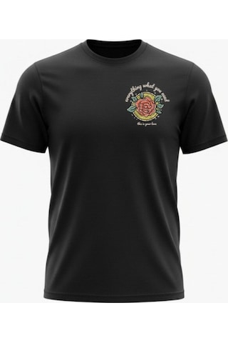 Urbantrendstore Unisex Gül Desen Baskılı Oversize Fit Rahat Geniş Salaş T-shirt Günlük Tişört Siyah
