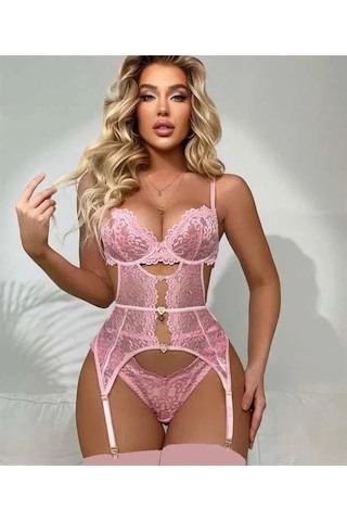 E-bulurum Kadın Aksesuarlı Dantelli Pembe Jartiyer Takım