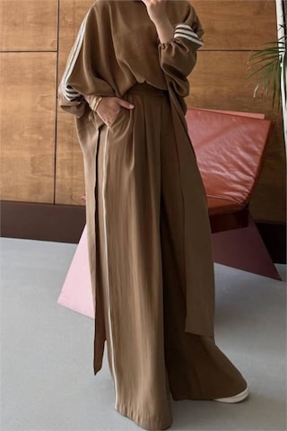 Neşeli Butik Kadın Camel Şerit Detaylı Oversize Tunik Pantolon İkili Tesettür Takım Nms102