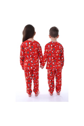 Zuzunga Sevimli Kardan Adam-penguen Desenli %100 Pamuk Unisex Çocuk Pijama Takımı Kırmızı
