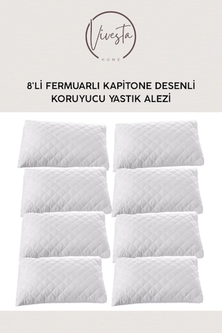 Kapitone Desenli 8'li Yastık Koruyucu Alez Seti Fermuarlı, Anti-bakteriyel Beyaz