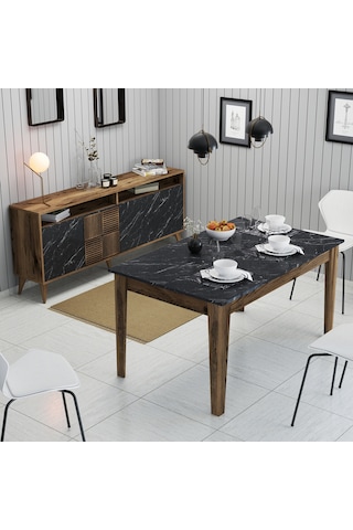 Milan Yemek Odası Takımı - Ceviz / Siyah Mermer