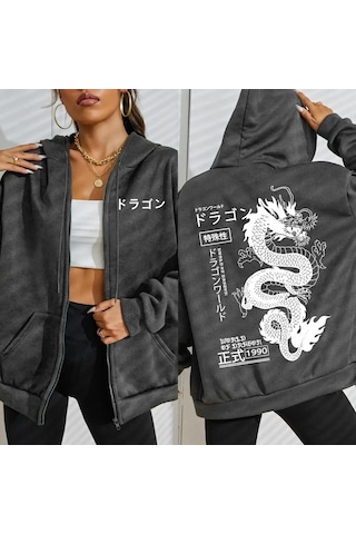 Tarzsokak Dünya Ejderha Özel 1990 Desen Kadın Fermuarlı Kapüşonlu Kıyafet Trendy Polar Hoody Rahat Sonb Antrasit