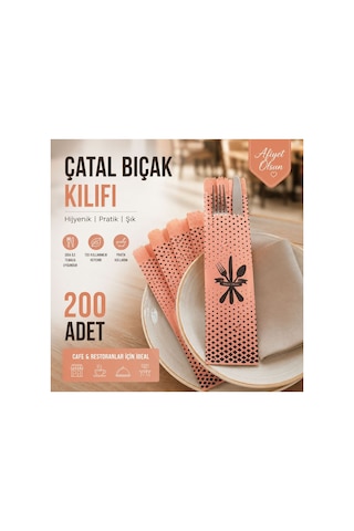 Somon Renk Baskılı Çatal Bıçak Kılıfı 8x4x25 Cm Afiyet Olsun Tek Kullanımlık Restoran Cafe Kılıfı 200 Adet