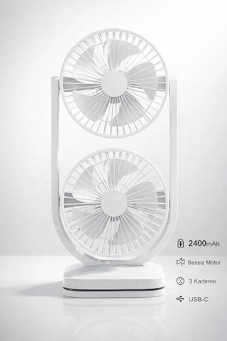 Şarjlı İkili Başlıklı Masaüstü Fan Vantilatör 2400 Mah 3 Kademeli Hız Sessiz Çalışma Döner B