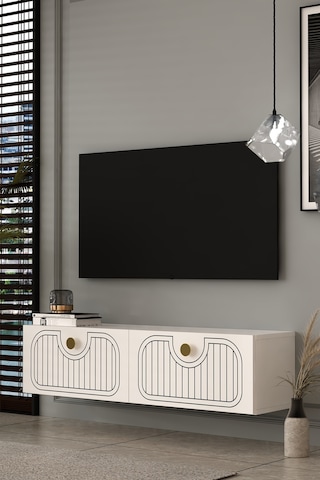 120dhdtda3ba Hera Lazer Desenli Duvara Monte Tv Sehpası Beyaz-altın