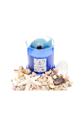 Büyük Üfleme Cam Balık Dekorlu Saks Mavisi Ocean Breeze Kokulu Vegan Mum 380 Gr