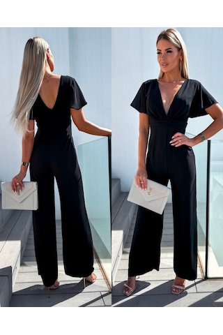 Munn Collection Kadın Kısa Kollu Kruvaze Yaka Sırt Dekolteli Pegasus Kumaş Tulum Siyah