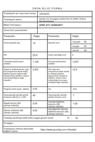 Grundig GPDF 4711 4 Programlı 13 Kişilik Bulaşık Makinesi