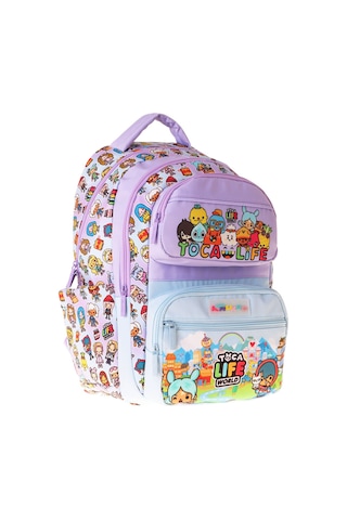 Kaukko Kids Beş Bölmeli Kız Çocuk Toca Life Baskılı Lila - Turkuaz İlkokul Okul Sırt Çantası - L5338 Çok Renkli