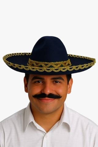 Meksika Mariachi Latin Şapkası Lüks 41cm Siyah Zemin Üstüne Altın Sim Kenarlıklı Parti Kostümü