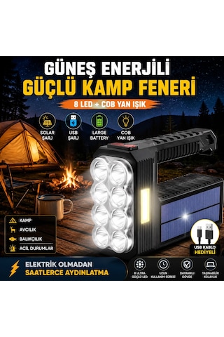 Güneş Enerjili Kamp Lambası 8'li Ultra Güçlü Led Yan Işık Usb Solar Kamp Balıkçılık Acil Durum Fener Siyah