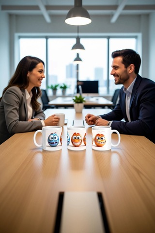 Seramik Kupa Neşeli Yüzler Toplaması Baskılı 300 Ml Hediyelik Kah Beyaz