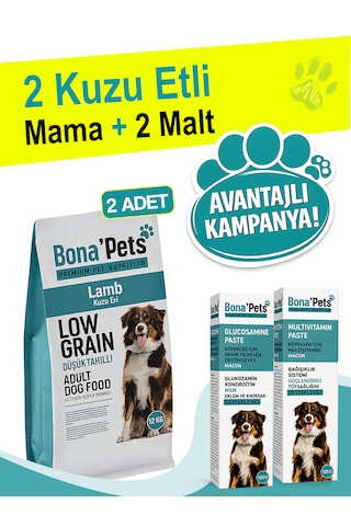 Bona Pets Premium 2'li Düşük Tahıllı Kuzu Etli Yetişkin Köpek Maması 12 Kg 2 Adet Malt