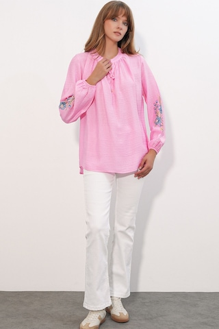 Hiccup Bdart Nakışlı Oversize Krep Bluz Parlak Pembe