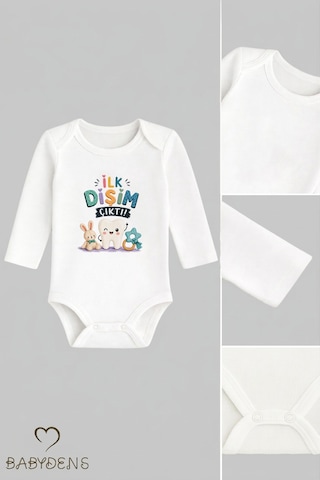 Babyden's Diş Buğdayı Body %100 Pamuk İlk Dişim Çıktı Baskılı Uzun Kollu Bebek Body Çıtçıtlı Unisex Yenidoğan Zıbın Beyaz