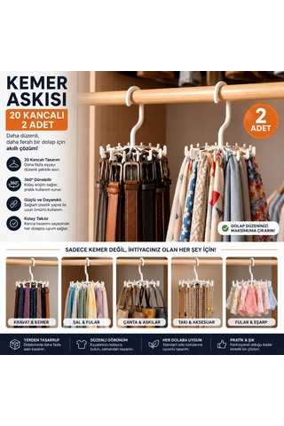 2 Adet 360 Derece Döner Başlıklı 20 Kancalı Kemer Askısı Fular Takı Ve Kravat Düzenleyici Askı Beyaz