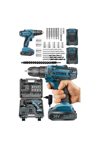 Steiner Kupfer Darbeli 58 V 5 Ah Çift Akülü Vidalama Matkap Mavi + 24 Parça Set