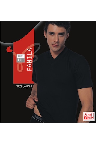 Erkek Siyah Süprem Yarım Kollu V Yaka Atlet % 100 Pamuklu Fanila 3 Lü Paket 111-3s Siyah