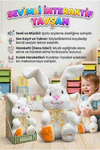 Sevimli Tavşan Sesli Müzikli Dans Eden Ses Kayıtı Yapıp Taklit Eden Hareketli Kulaklı Oyuncak Peluş Beyaz