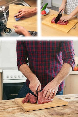 Bambu Metal Saplı Kesim Panosu Et Ekmek Sebze Meyve Kesim Tahtası 26 Cm X 36 Cm