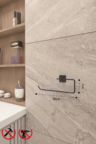 Alper Banyo Jasmin Kare Siyah Yapışkanlı 5'li Banyo Seti - Kağıtlık Solo Havluluk Yuvarlak Havluluk Uzun Havluluk Kare Fön Makinesi Askısı Siyah