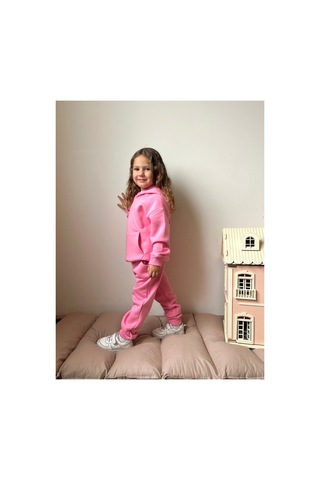 Heyadventure Kız Çocuk Eşofman Takımı Kanguru Cepli Kapüşonlu 3 İplik Şardonlu Pembe Pembe