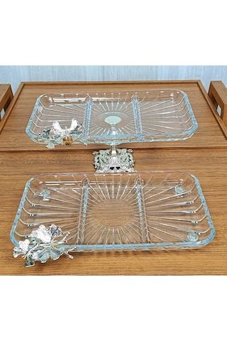 Elta Collection 2 Li Paşabahçe Kristal Metal Ayaklı Gümüş Dikdörtgen Bölmeli Pasta Sunumluk Kurabiyelik Gümüş Kare Bölmeli