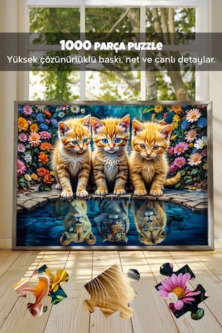 3 Adet 1000 Parça Puzzle - Kamp Ateşi, Aslan Kral Kedi Ve Vahşi Batı Kasabası Yapboz 68x48 Cm