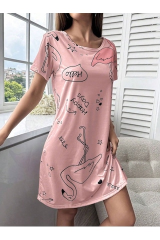 Bella Notte Pembe Baskılı Kısa Kollu Göz Bandı Hediyeli Pijama Takımı