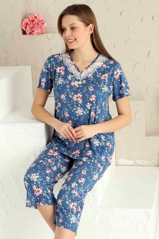 Alimer Kadın İndigo Dantelli V Yaka Bermuda Pijama Takım Edy2708i İndigo
