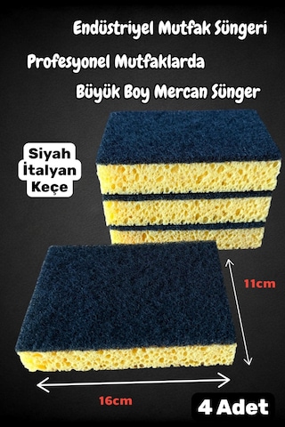 Technow Lüx İtalyan Keçeli Kaliteli Endüstriyel Catering/restaurant Büyük Boy Mercan Bulaşık Süngeri 4 Adet