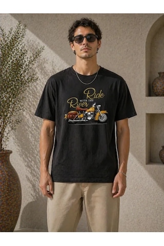 Defymoda Erkek Motosiklet Baskılı Tişört Bisiklet Yaka Kısa Kol Yazlık T-shirt - Siyah