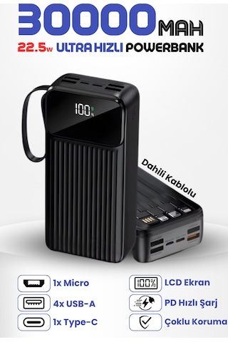 30.000 Mah Linkage 22.5w Hızlı Şarj Destekli Dahili Kablolu Taşınabilir Batarya Powerbank Siyah
