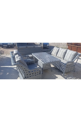 Neps Metal Gri Rattan Bahçe Ve Balkon Takimi 3+1+1 Arti Masa 2 Puf Minder Ve Temperli Cam