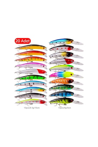 Valkyrie 20 Adet Karışık Minnow Crankbait Swimbait Rapala Sahte Yem Olta Seti Balık İğnesi