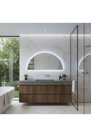 35x70 Cm Yarım Oval Led Banyo Aynası Dokunmatik Sensörlü, Dimmerli, 6500 Beyaz Işıklı Modern Duvar Aynası Beyaz