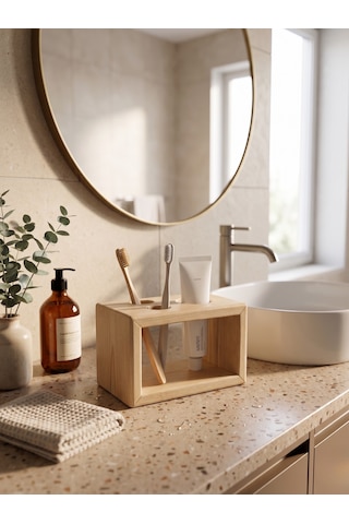 Nestwoodtr Ham Doğal Ahşap Minimal Banyo Düzenleyici, Diş Fırçalık - Macunluk, Diş Fırçası Standı Ham Ahşap