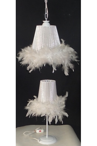 Beyaz Tüylü Avize Abajur Takımı Çocuk Odası Yatak Odası