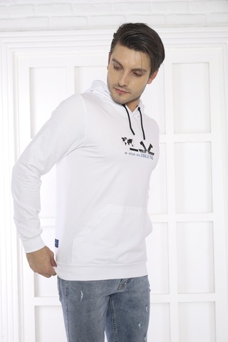 Escetic Spor Erkek Beyaz Cepli, Kapüşonlu Sweatshirt-4178