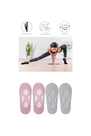 4 Adet Kadın Kaydırmaz Tabanlı Yoga Pilates Fitness Dans Ve Spor Çorabı Pembe - Beyaz