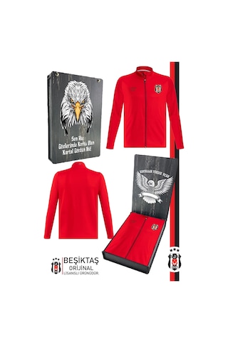 Beşiktaş Lisanslı Fermuarlı Dik Yaka Kırmızı Sweat Ahşap Kutulu 001