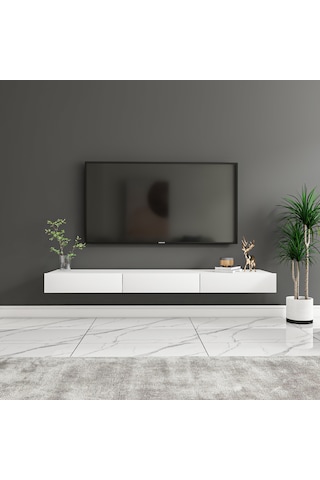 Avalon 3 Kapaklı Duvara Monte Tv Sehpası 140 Cm, Modern Minimal Tasarım, Tv Ünitesi - Beyaz Beyaz