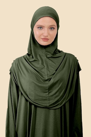 Tek Parça Tesettür Namaz Elbisesi Tak Çıkar Başörtülü Organik Pamuklu Lastikli Kolu Kaymaz Penye Haki