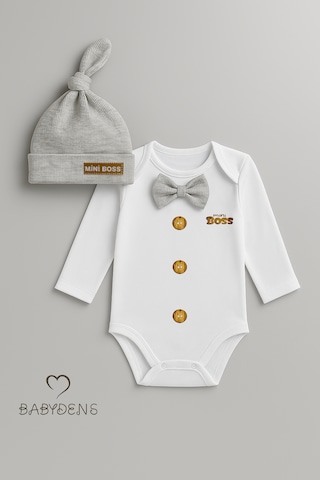 Babyden's Mini Boss Papyonlu Erkek Bebek Body Seti Şapkalı Yenidoğan Bebek Body-zıbın Takım Gri