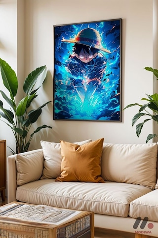 One Piece Mavi Enerji Poster, Siyah Çerçeveli Duvar Tablosu - Anime Severlere Özel Hediye