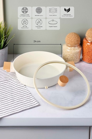 Cookwood Beige İndüksiyon Tabanlı Ahşap Kulplu Kapaklı Seramik Derin Tencere 24 Cm Bej Bej