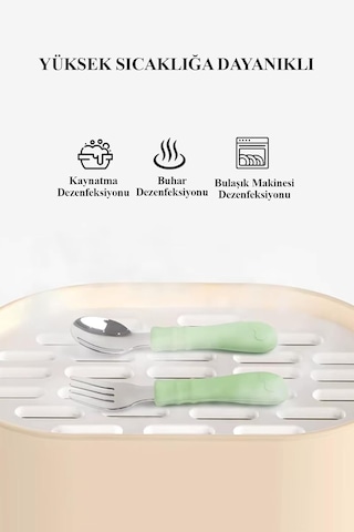 Silikon Saplı Paslanmaz Çelik Bebek Kaşık Çatal Seti Mavi Genel